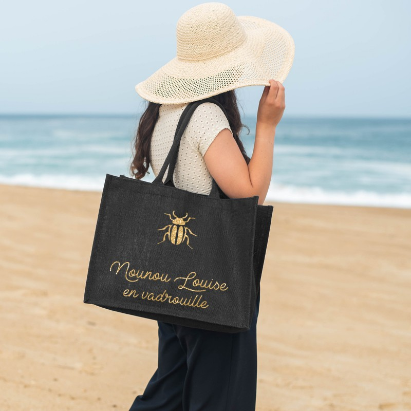 Cabas de plage jute noir Cadeau personnalisé Cadeau maman