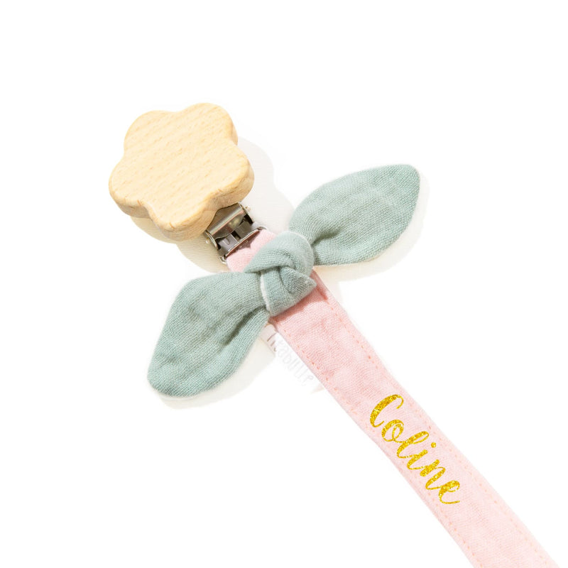 Personalized pacifier clip - Double cotton gauze + flower