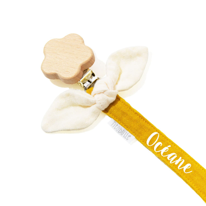 Personalized pacifier clip - Double cotton gauze + flower