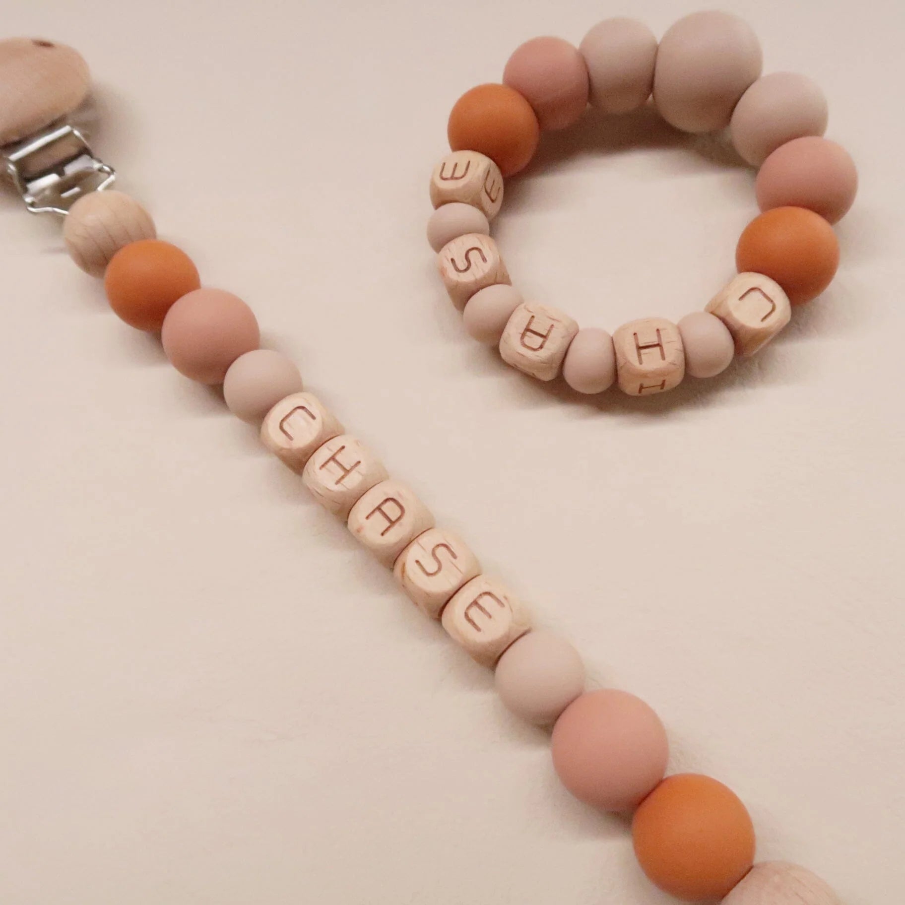 Personalized pacifier clip - Beech &amp;amp; Silicone model