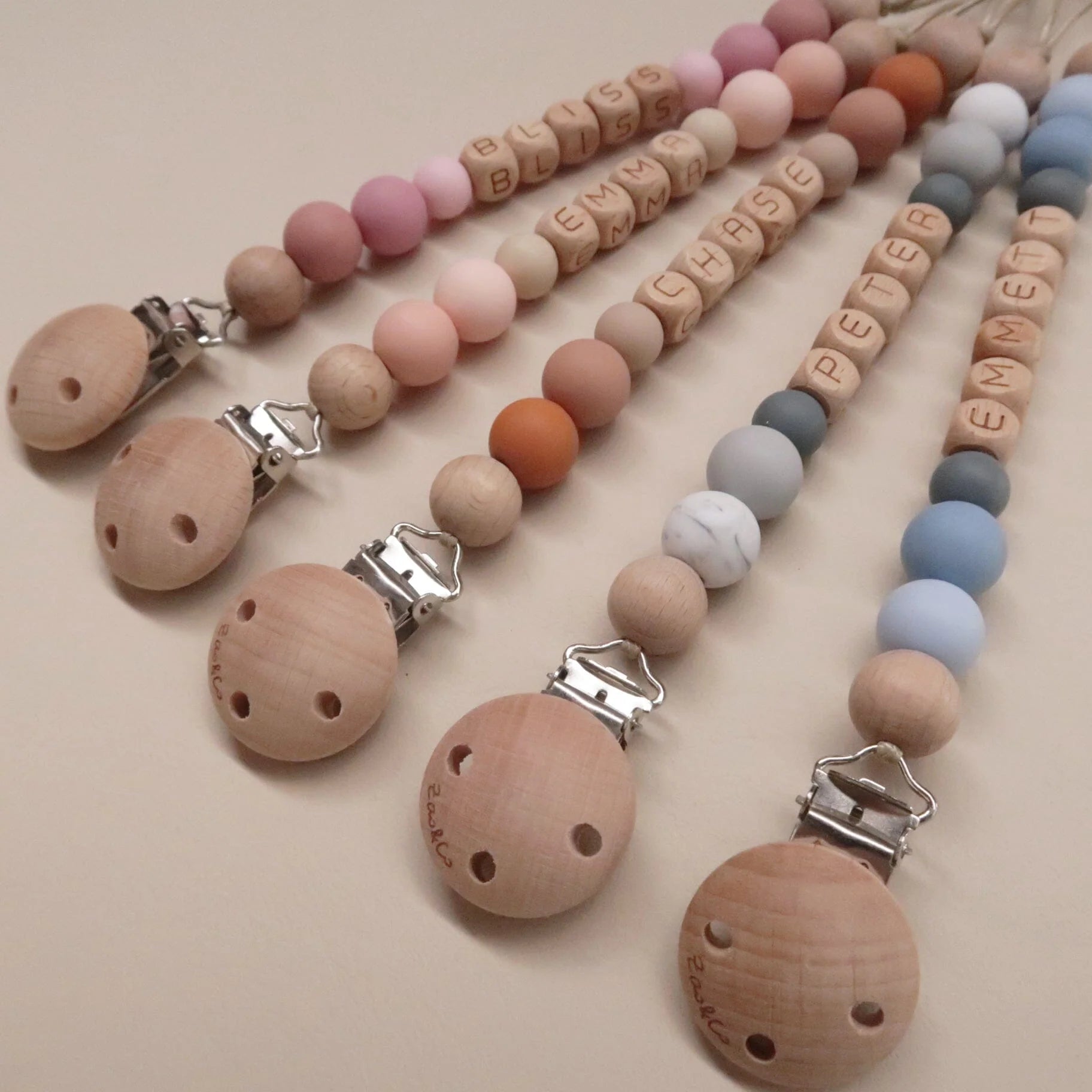 Personalized pacifier clip - Beech &amp;amp; Silicone model