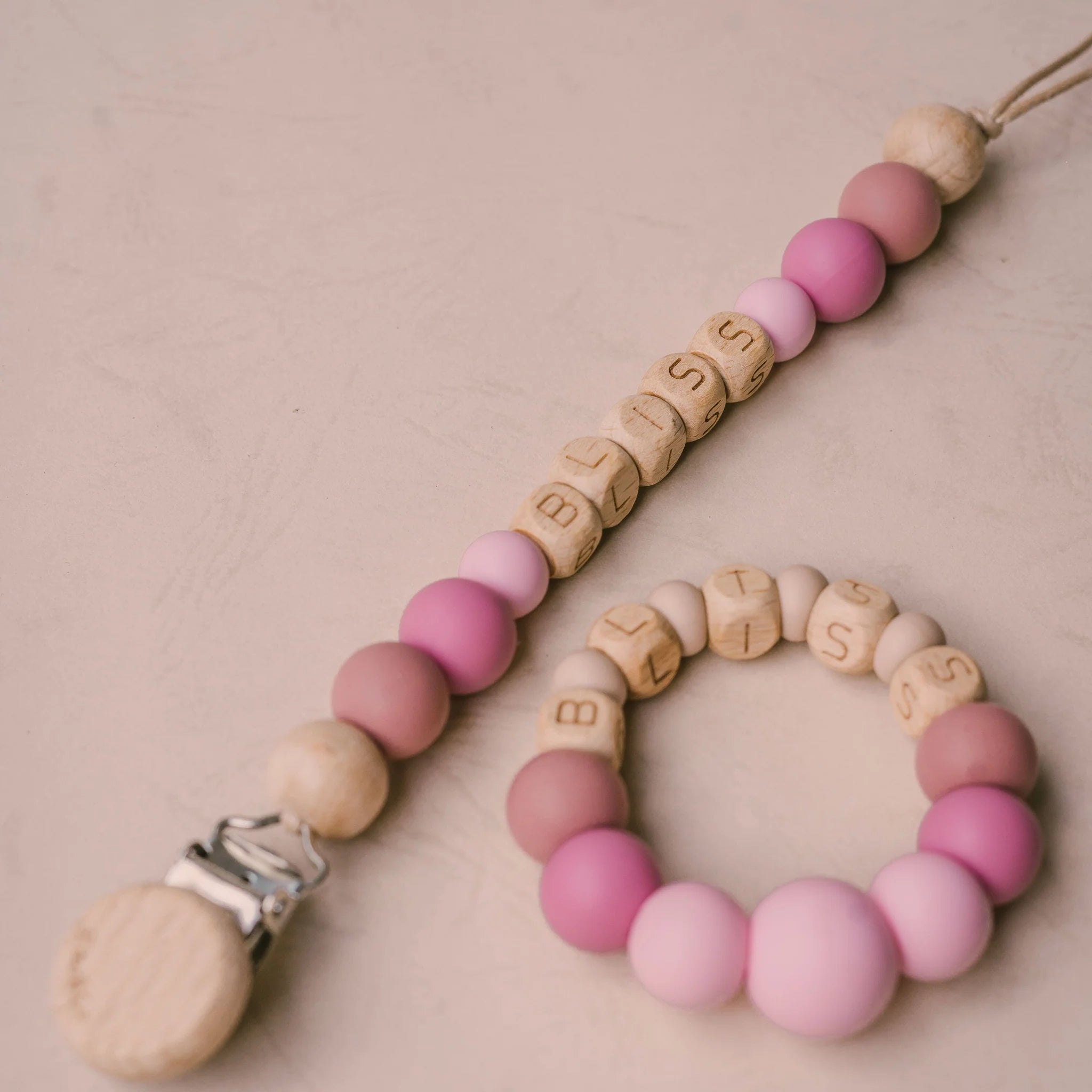 Personalized pacifier clip - Beech &amp;amp; Silicone model