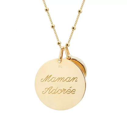 Collier médaille martelée et pierre fine personnalisé - Chaîne perlée - Plaqué Or