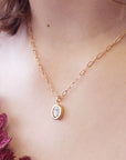 Personalized oval fine stone necklace - Elongated link chain - Gold plated