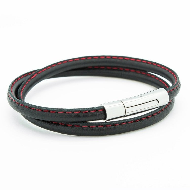 Men&#39;s steel and leather bracelet - Topstitched