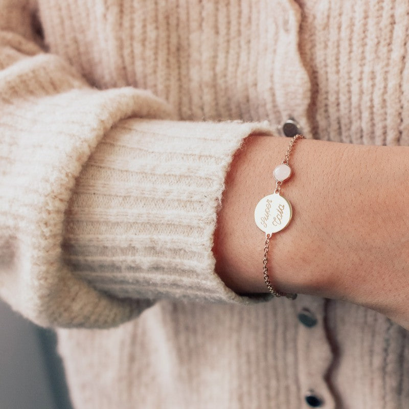 Bracelet médaille et pierre fine personnalisé - Plaqué Or ou Argent